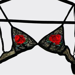 Topshop Black and Red Lace Bra with Floral Embroidery